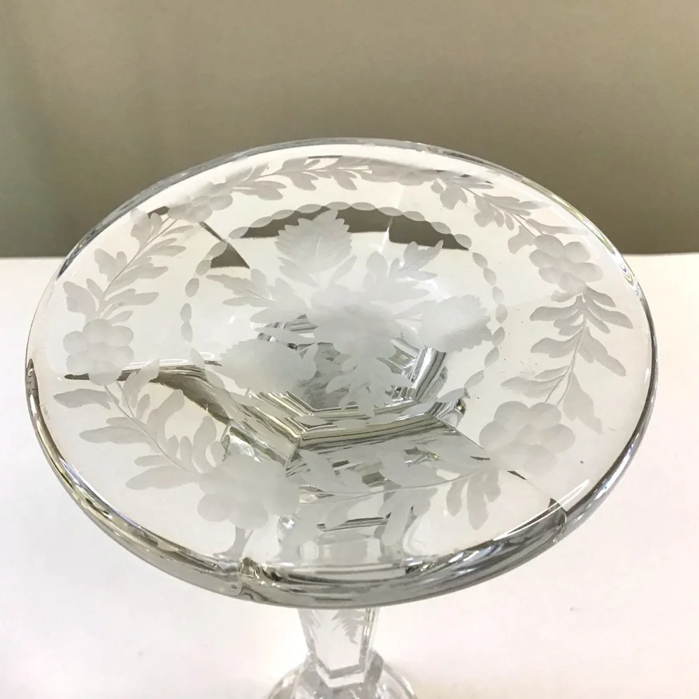 Vintage HEISEY Crystal Glass Candle Holder Elegant Etched Flowers & Leaves 7.75”